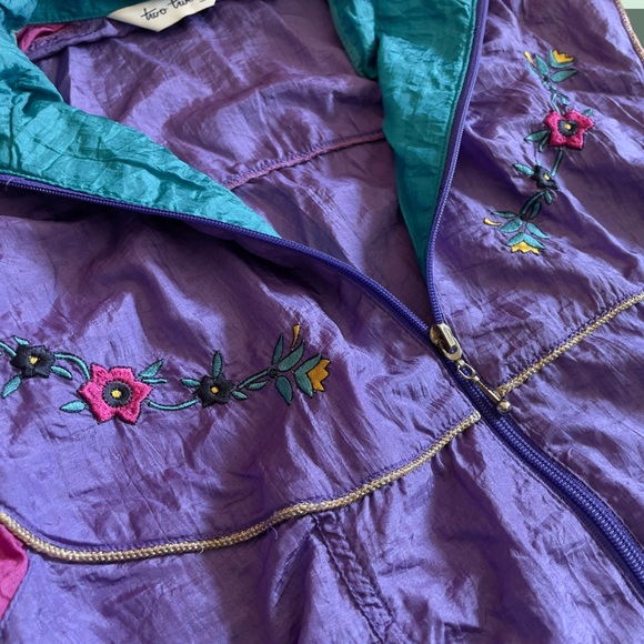 ‼️SOLD‼️Vintage Color Block Windbreaker Zip Up M Floral Embroidery Multicolor - Picture 3 of 7